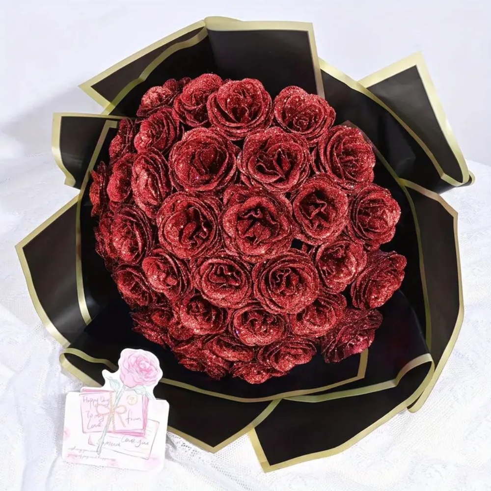 Glitter Roses Bouquet Red,24pcs Glitter Artificial Flowers,DIY Glitter